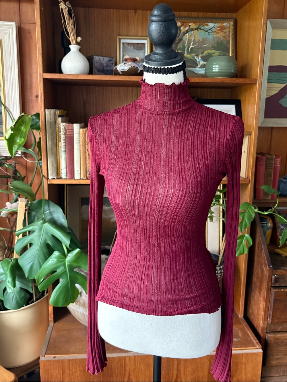Whimsigoth Coquette Burgundy Ribbed Sheer Turtleneck Lettuce Trim Top S